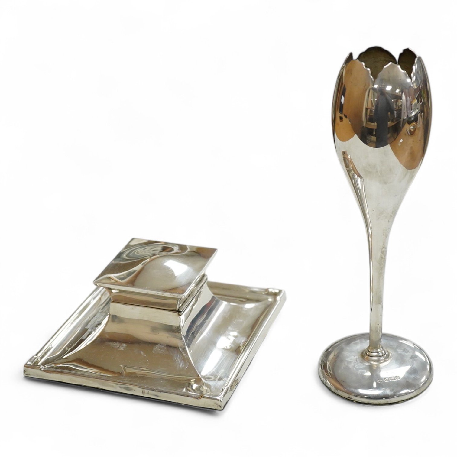 A silver mounted square inkwell by Mappin & Webb, marks rubbed, base 15.1cm, together with an Edwardian silver tulip vase, Sheffield, 1909, weighted